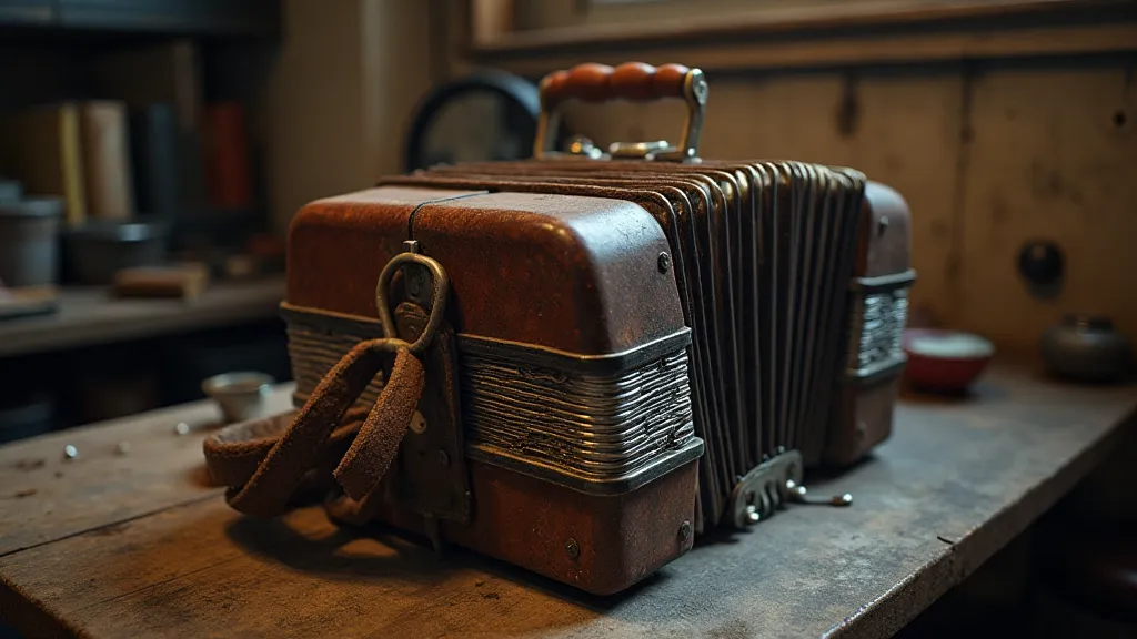 Antique accordion in workshop