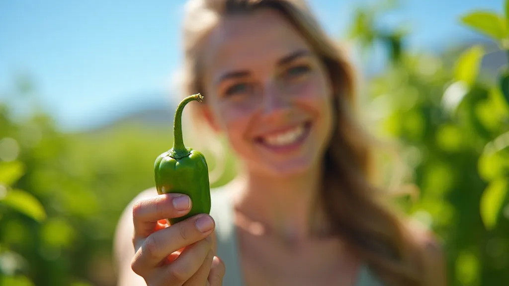 Woman holding green chile in field