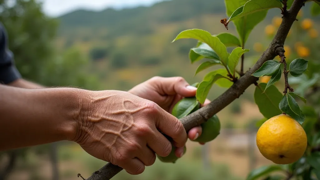 Sicilian farmer pruning lemon tree