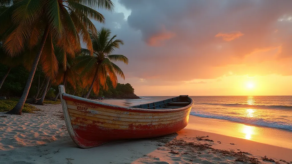 Fishing boat on a Karnataka beach at sunset