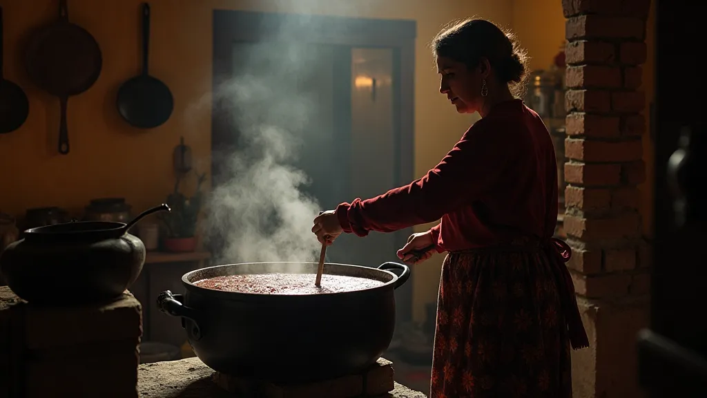 Woman cooking mole over a wood-fired stove